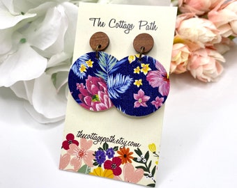 Tropical Flower Leather Earrings, Tropical Earrings, Leather Earrings, Boho Chic Earrings, Floral Earrings, Colorful Earrings, Pops Of Color