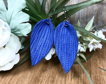 Leather Leaf Earrings, Magnolia Leaf Earrings, Leather Earrings, Pinch Leaf Earrings, Folded Leaf, Petal Earrings, SAPPHIRE BLUE Earrings