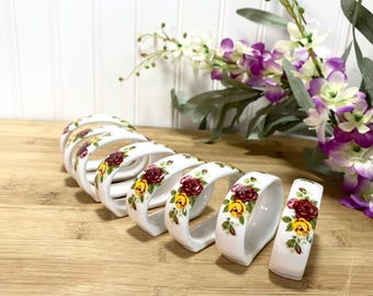 Vintage Floral Bone China Napkin Rings, Set Of 8