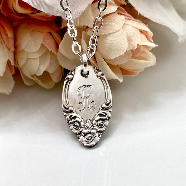 Spoon Jewelry Necklace, Spoon Necklace, Silverware Necklace, Initial Necklace, Initial Pendant, Personalized Necklace, 1955 WOODLAND ROSE