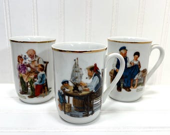 Vintage Norman Rockwell Hand Painted Mugs, Set Of 3