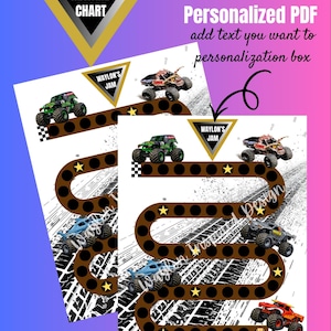 May include: Reward chart featuring monster trucks in green, red, blue, and black. The chart has a brown path with star markers and the text "WAYLON'S JAM". The text "REWARD CHART" is at the top, and "Personalized PDF" is also visible.