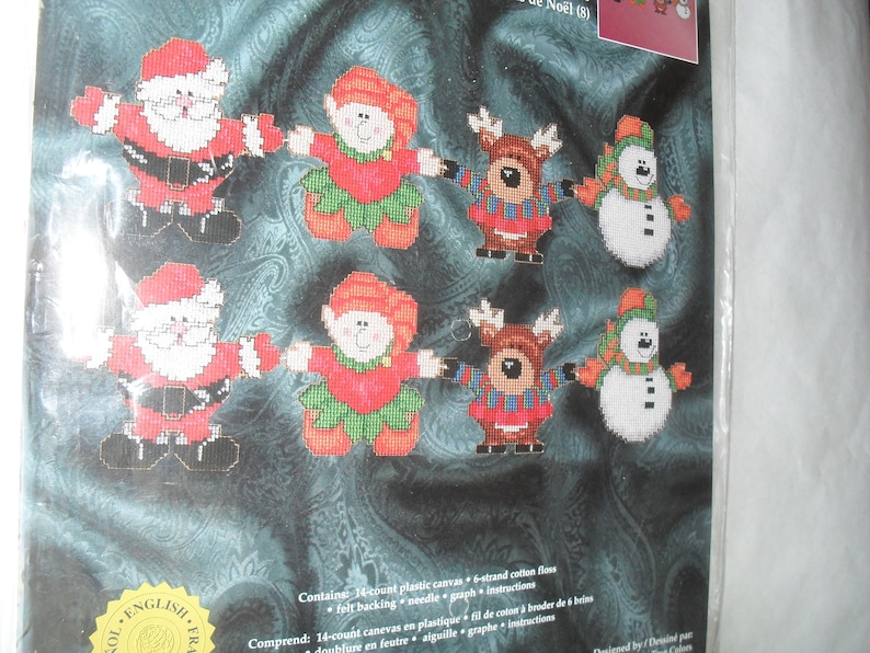 Plastic Canvas Kit Christmas Janlynn Santa Elves Reindeer Snowman 8 Ornaments Christmas Kit