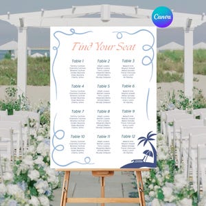 Whimsical Beach Wedding Seating Chart Template Editable Table Arrangement Sign DIY Wedding Seating Sign Locations Template Canva