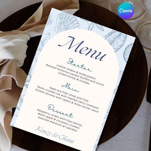 Plantilla de tarjeta de menú de boda en la playa, menú de boda con cena en la costa azul, menú de boda con conchas tropicales, tarjeta de menú de cena, descarga instantánea