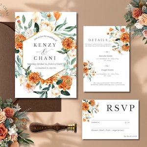 Conjunto de modelos de convites de casamento com flores laranja, DOWNLOAD INSTANTÂNEO, convites de casamento de outono, conjunto de convites de casamento, detalhes, RSVP, Canva