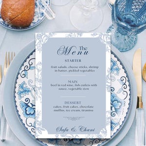 Carte de menu chinoiserie modèle de menu bleu poussiéreux, carte de menu de mariage imprimable, menus de dîner classiques vintage modifiables, modèle de Menu de mariage
