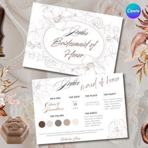 Cartão personalizado "Você será minha madrinha de honra" Cartão de informações editável para madrinha de casamento Modelo de informações para festa de casamento Cartão de proposta de casamento