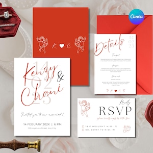 Invitación de boda escrita a mano en rojo Suite Ilustraciones de cupido Invitación de boda Invitación de boda moderna Papelería Invitación de renovación de votos