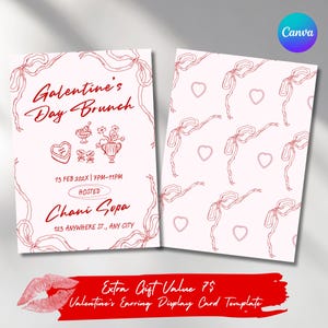 Modelo de convite para brunch do Dia das Galentine no Canva, modelo de convite com rabiscos de laço das Galentine, convite para brunch do Dia dos Namorados, brunch