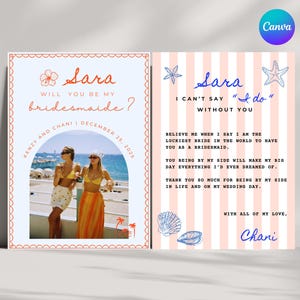 Brautjungfer Vorschlag Kartenvorlage mit Foto, Strand Hochzeit Vorschlag, Willst du meine Brautjungfer Karte sein, Trauzeugin Vorschlag, bearbeitbare Canva