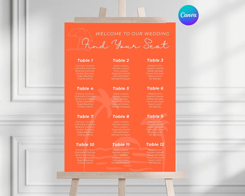 Palm Tree Wedding Seating Chart Template, Beach Theme (DIY Canva) Etsy