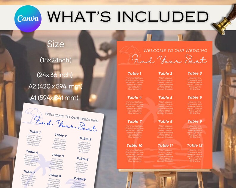 Palm Tree Wedding Seating Chart Template, Beach Theme (DIY Canva) Etsy
