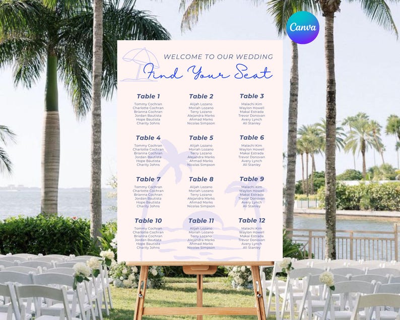 Palm Tree Wedding Seating Chart Template, Beach Theme (DIY Canva) Etsy