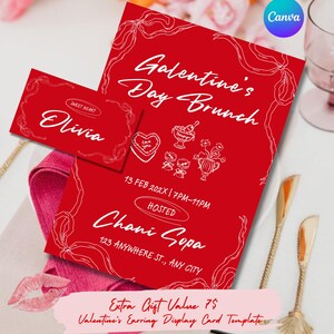 Fantazyjny szablon zaproszenia na brunch z okazji Galentine's Day na Canva, szablon zaproszenia z kokardą Galentine's, zaproszenie na brunch walentynkowy