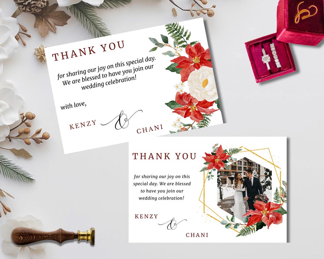 Red Floral Christmas Wedding Thank You Card Template (digital Download — free download