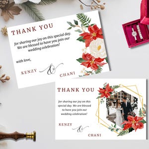 Rote Weihnachtshochzeit Dankeskarte Vorlage mit Foto, Blumen Hochzeit Dankeskarten, Brautjungfer Hochzeitskarten, Danke Geschenke