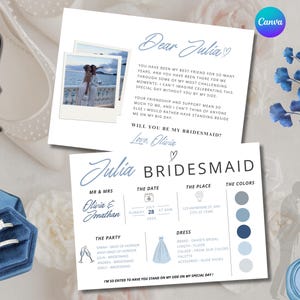 Plantilla de tarjeta informativa para damas de honor en color azul, propuesta de matrimonio con foto (descarga digital)