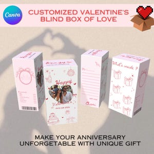 May include: A pink and white box with a heart design and the text "Happy Valentine's" and "What's inside?"  The box is decorated with a photo of a couple and a heart-shaped shadow.