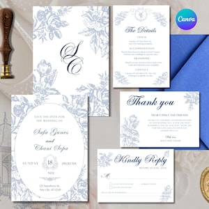 Blue White Chinoiserie Floral Wedding Invitation Suite Template, Toile Wedding Invitation Stationery Set, Dusty Blue Floral Invitation