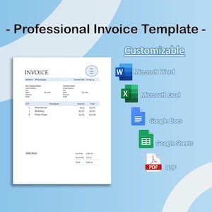 Professional Invoice Template for Small Businesses | Excel, Word, Sheets, Docs, and PDF | Simple and Customizable Design for Quick Billing