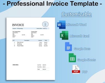Professional Invoice Template for Small Businesses | Excel, Word, Sheets, Docs, and PDF | Simple and Customizable Design for Quick Billing