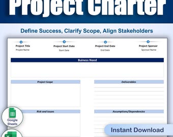Project Charter Template Excel Google Sheets, Project planning tool, Project Scope, Stakeholder Alignment, Business Case, Kickoff Document