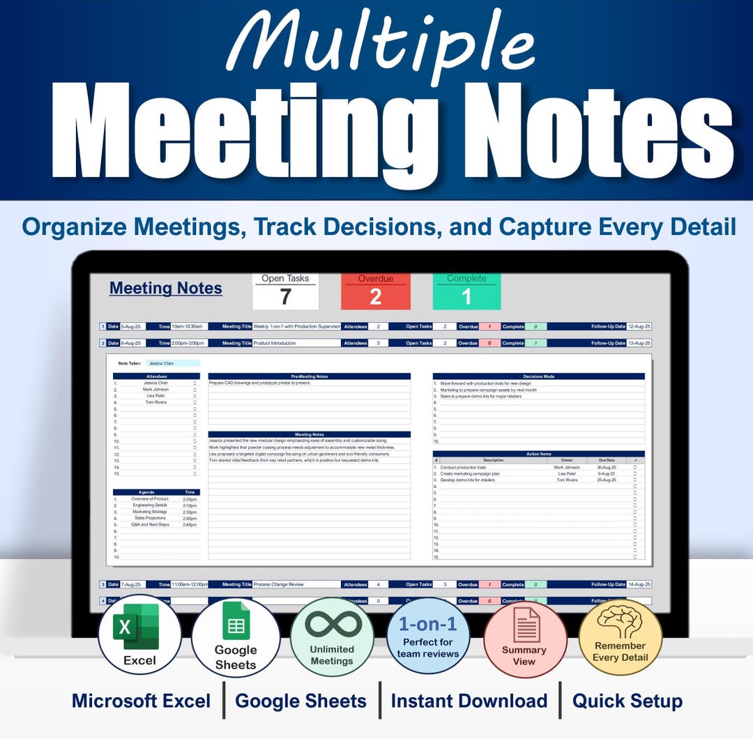Multiple Meeting Notes Tracker Template for Google Sheets & Excel ...