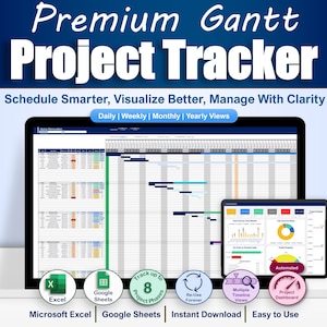 Może przedstawiać: Cyfrowy tracker projektów wyświetlany na tablecie i mniejszym urządzeniu. Tekst "Premium Gantt Project Tracker" znajduje się na górze. Zawiera widoki dzienne, tygodniowe, miesięczne i roczne, z opcjami dla Excela i Arkuszy Google.