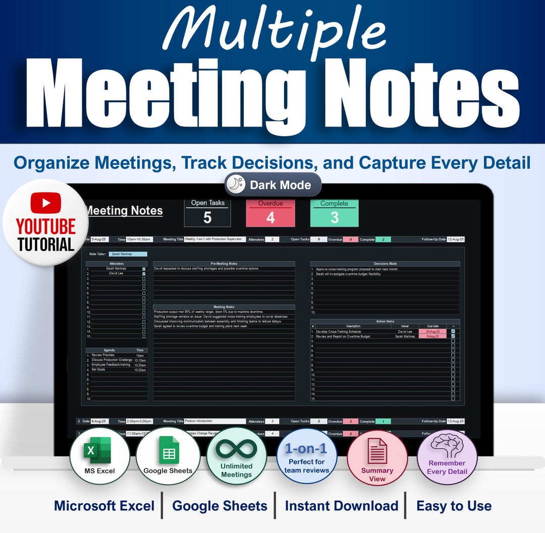 Notes Tracker Photo Meeting Notes Tracker Template for Google Sheets & Excel Dark Mode ...