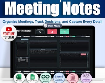 Meeting Notes Tracker Template for Google Sheets & Excel Dark Mode | Meeting Minutes | Agendas | 1-on-1 Reviews | Project Meetings