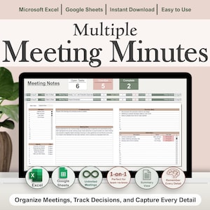 Multiple Meeting Notes Tracker Template for Google Sheets & Excel | Meeting Minutes | Meeting Agendas | 1-on-1 Reviews | Project Meeting