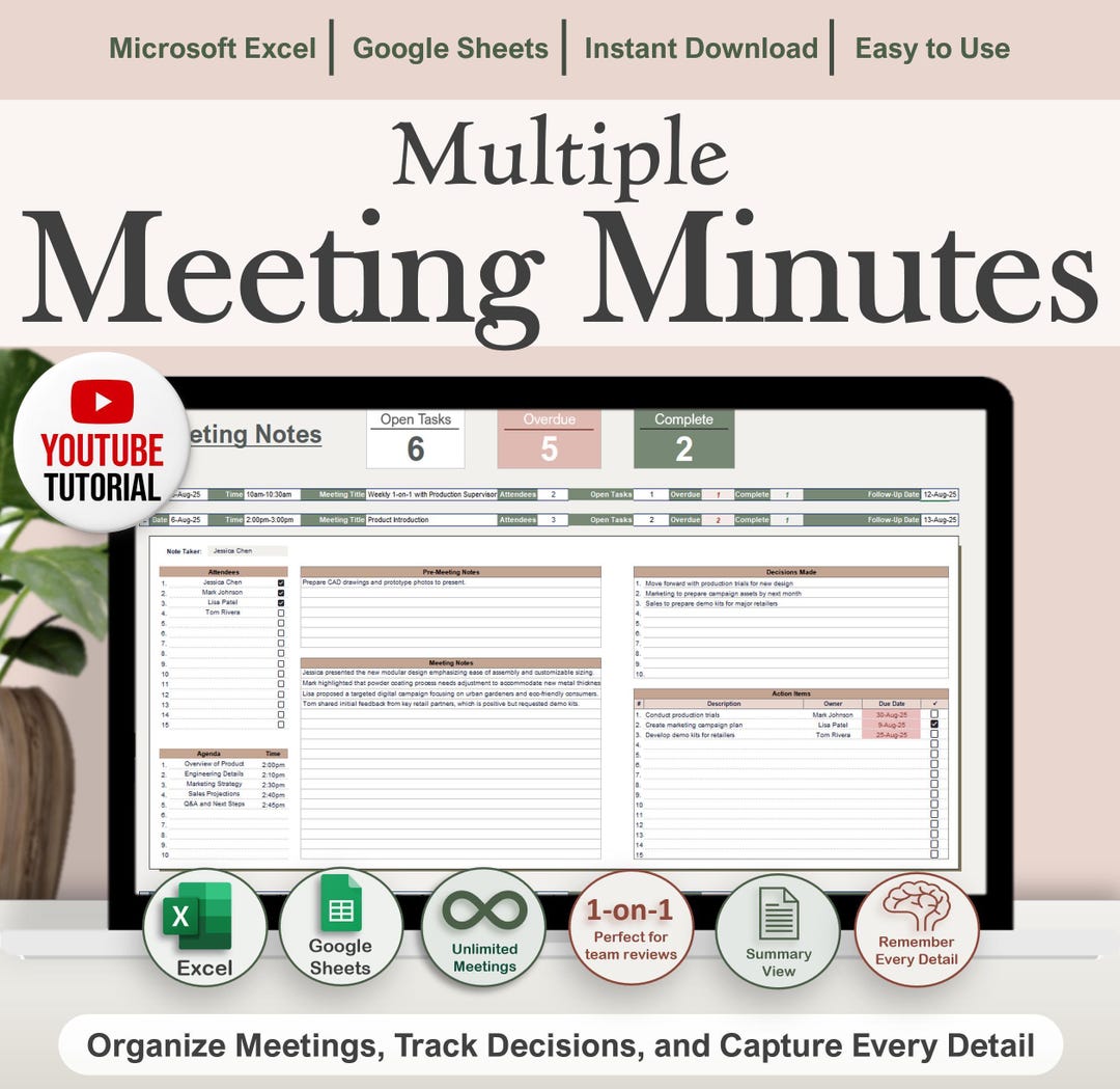 Multiple Meeting Notes Tracker Template for Google Sheets & Excel ...