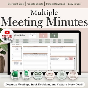 Multiple Meeting Notes Tracker Template for Google Sheets & Excel | Meeting Minutes | Meeting Agendas | 1-on-1 Reviews | Project Meeting