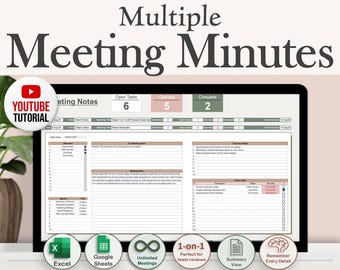 Multiple Meeting Notes Tracker Template for Google Sheets & Excel | Meeting Minutes | Meeting Agendas | 1-on-1 Reviews | Project Meeting