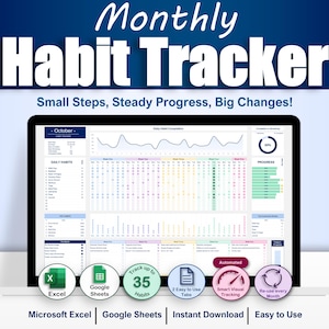 May include: A digital habit tracker displayed on a laptop screen. The title "Monthly Habit Tracker" is at the top. The tracker includes sections for daily habits, progress tracking, and is compatible with Microsoft Excel and Google Sheets.