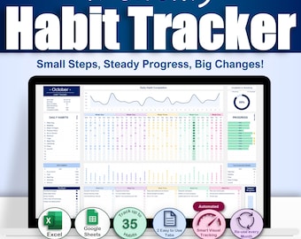 Monthly Habit Tracker Template for Excel & Google Sheet | Digital Productivity Habit Planner | Routine Spreadsheet Self Improvement Goal Log