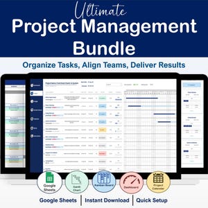 Op de afbeelding: Een digitale projectmanagementbundel met de tekst "Ultimate Project Management Bundle". De afbeelding toont een projectmanagementdashboard met Google Sheets, Gantt Chart, Kanban Board, Dashboard en Project Calendar-pictogrammen.