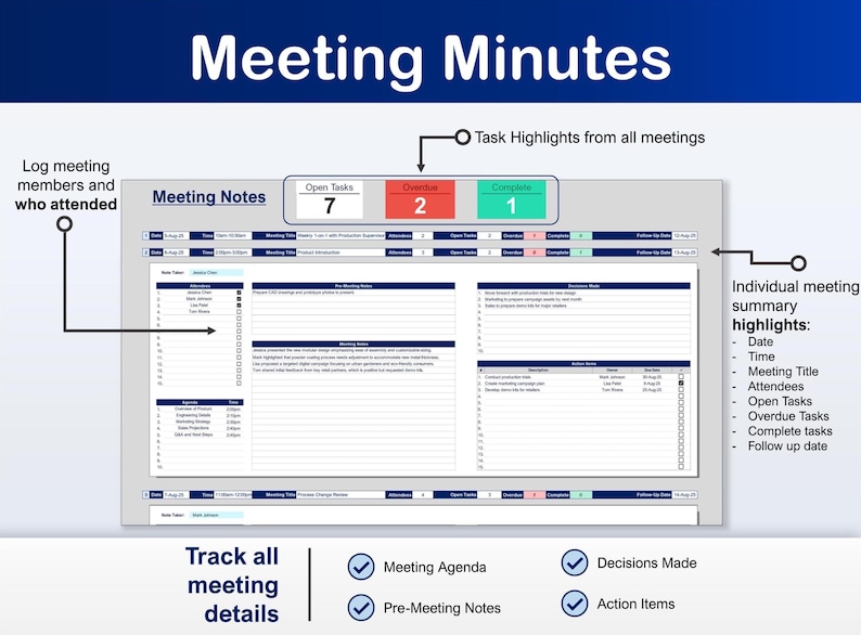 Multiple Meeting Notes Tracker Template for Google Sheets & Excel ...