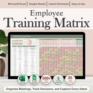 Puede incluir: Una pantalla de portátil muestra una matriz de formación de empleados. La pantalla muestra una hoja de cálculo con datos, gráficos y el texto "Employee Training Matrix". La imagen incluye iconos para Excel y Google Sheets, y texto que indica 500+ miembros del equipo, 5 categorías de formación y 35 formaciones en total.