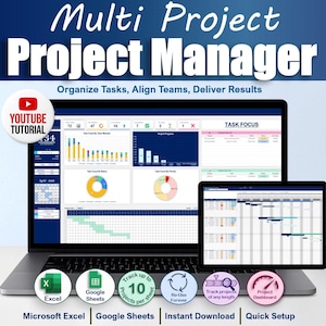 May include: A laptop and tablet showing project management dashboards. The image includes the text "Multi Project Project Manager" and "Organise Tasks, Align Teams, Deliver Results." Icons for Excel, Google Sheets, and other features are also visible.