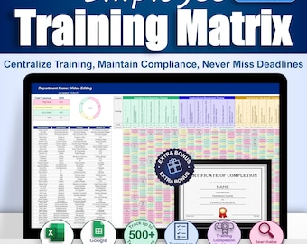 Employee Training Tracker PRO, feuilles Excel et Google, modèle de matrice de formation RH, journal de certification de la main-d'oeuvre, conformité des ressources humaines