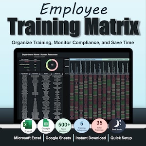 May include: A digital display of an employee training matrix, with the title "Employee Training Matrix." The screen shows data organized in a spreadsheet format, with sections for training categories and team members. Additional icons indicate compatibility with Excel and Google Sheets.