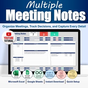 Multiple Meeting Notes Tracker Template for Google Sheets & Excel | Meeting Minutes | Meeting Agendas | 1-on-1 Reviews | Project Meeting