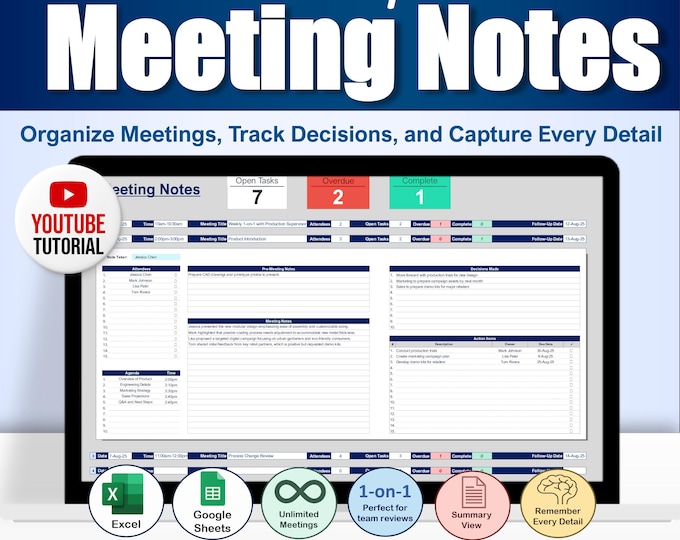 Multiple Meeting Notes Tracker Template for Google Sheets & Excel ...