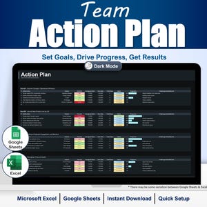 May include: A digital action plan template displayed on a laptop screen. The screen shows a dark mode interface with a spreadsheet layout, including sections for goals, progress, and challenges. The text "Team Action Plan" is at the top.