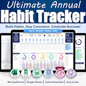 May include: Digital habit tracker with the text "Ultimate Annual Habit Tracker." The image shows a digital planner with yearly, monthly, weekly, and daily views. Features include Excel and Google Sheets compatibility, and an automated dashboard.