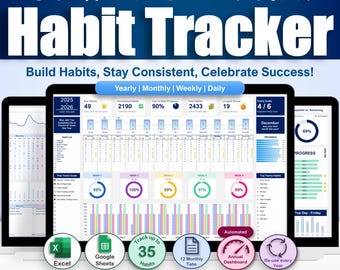 Ultimate Digital Automated Habit Tracker 2026 | Excel & Google Sheets Template Yearly, Monthly, Weekly, Daily ADHD Planner for Productivity