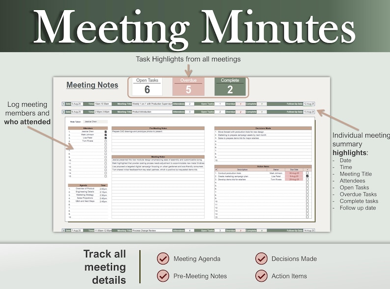 Multiple Meeting Notes Tracker Template for Google Sheets & Excel ...