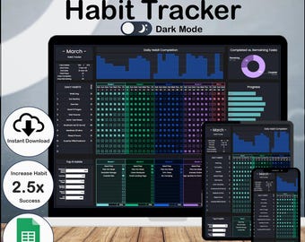 Dark Mode Habit Tracker: Daily & Weekly Planner (Google Sheets)